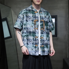 夏季新中式格纹晕染风铜扣短袖衬衫立领盘扣唐装衬衣30502，男装衬衫，星座305A（原312A-1）