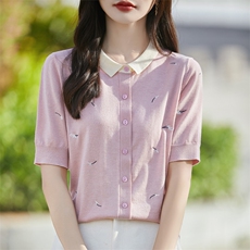 洋气减龄重工刺绣拼色POLO领针织短袖开衫女设计正肩半袖T恤上衣，女装羊毛衫，片语羊绒