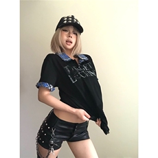 亚文化穿搭短袖t恤男女夏季格子拼接半袖美式街头翻领宽松上衣，男装T恤，星座1210-1