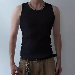 竖条纹拼接无袖汗背心男士夏季休闲个性修身坎肩T恤T186,2k短裤怎么搭配图片