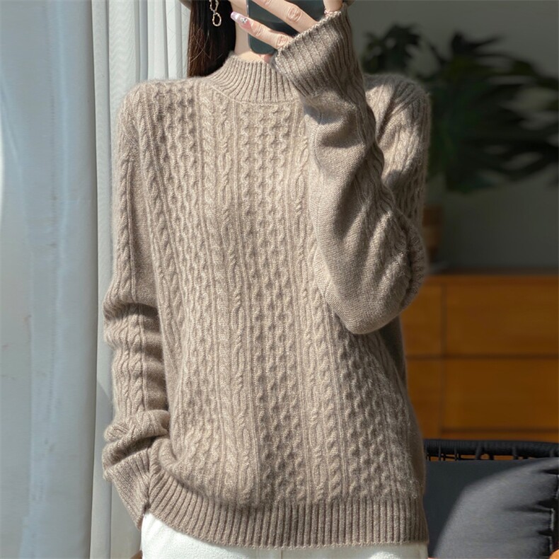 重磅加厚绞花100%羊毛针织打底衫女半高领套头长袖保暖内搭毛衣新，女装羊毛衫，昭美羊绒