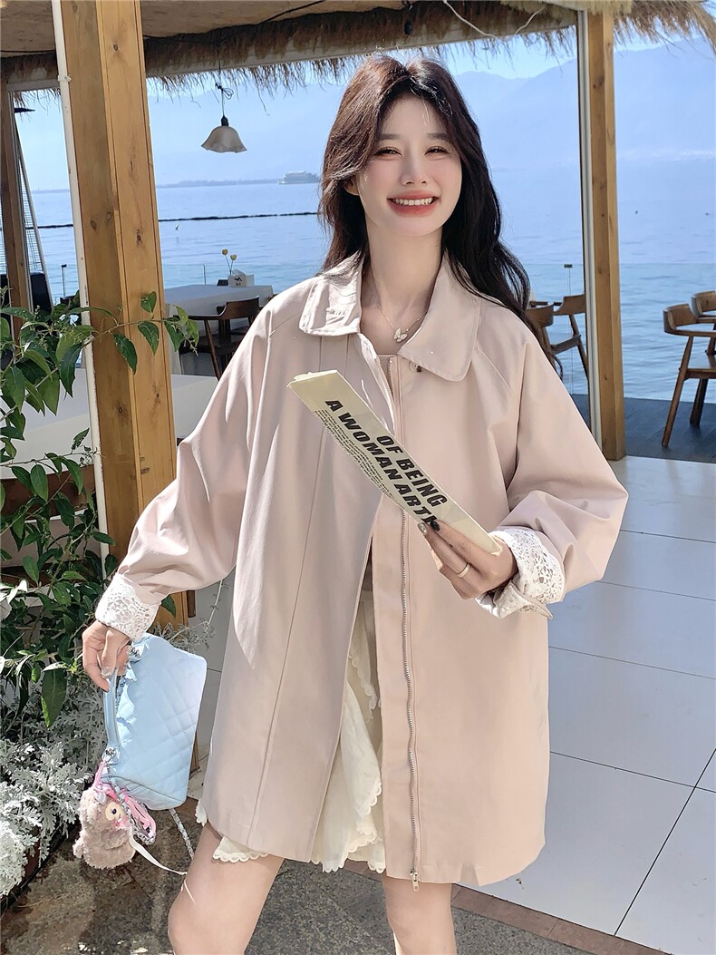 新品现货26春装粉色蕾丝拼接袖口韩版休闲中长风衣外套女,女装风衣,苗苗