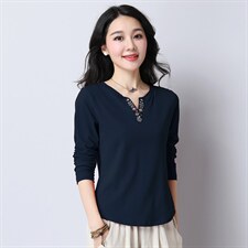 2022春秋季新款时尚休闲小V领长袖T恤，女装T恤，依倍林