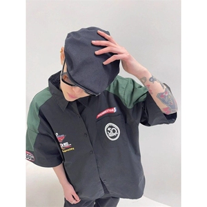 美式高街hiphop嘻哈赛车服短袖衬衫夏季潮牌机车POLO领短袖上衣图片
