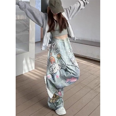 趣味猫狗手绘涂鸦牛仔裤女春秋新款高腰宽松直筒阔腿裤子N9526，男装牛仔裤，星座1116A（原606A-3）