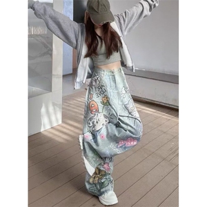 趣味猫狗手绘涂鸦牛仔裤女春秋新款高腰宽松直筒阔腿裤子 N9526图片