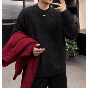 重磅金属装饰工艺男女纯色打底针织衫圆领套头美式复古休闲毛衣冬图片