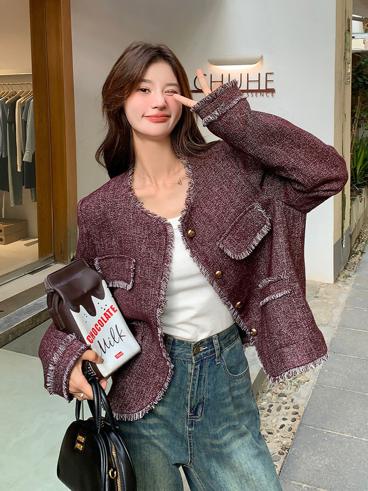 红流苏编织小香风外套女2024春秋新款小个子超好看短款上衣,女装短外套,浙宝192（原082）