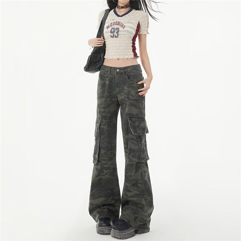 美式复古迷彩微喇叭工装牛仔裤女2025春夏宽松马蹄裤子K6127-P59,男装休闲裤,星座412-3