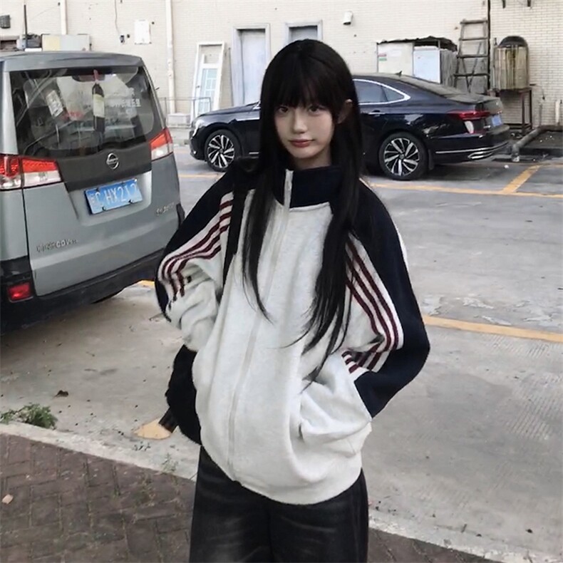 抖音得物高品质美式高街重磅结构织带拼接撞色立领卫衣外套CM41,女装短外套,电商A486-1