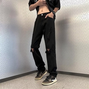 港风2023春季破洞新款宽松直筒男潮流牛仔裤 N0440-P43图片