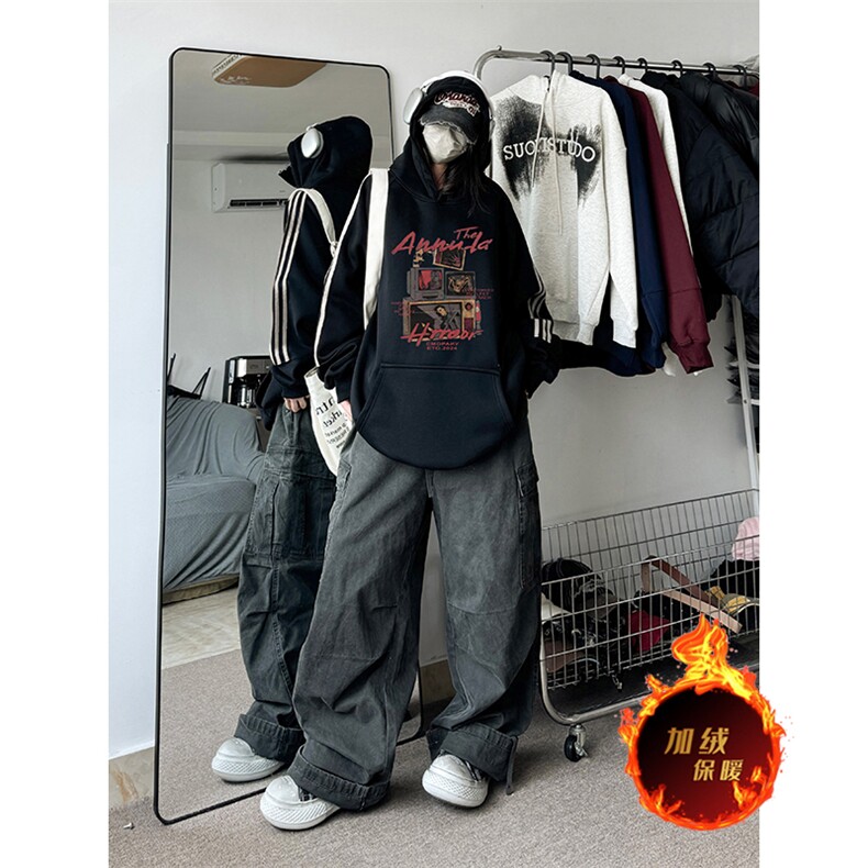 抖音得物供货提供视频秋冬重磅美式宽松织带连帽卫衣0487,男装卫衣,电商A486