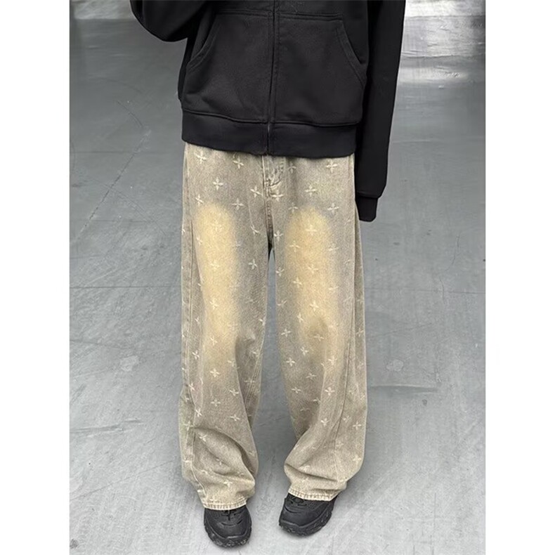复古阔腿牛仔裤男2025春秋季新款高腰宽松显瘦水洗做旧直筒裤子,男装牛仔裤,星座1210-1