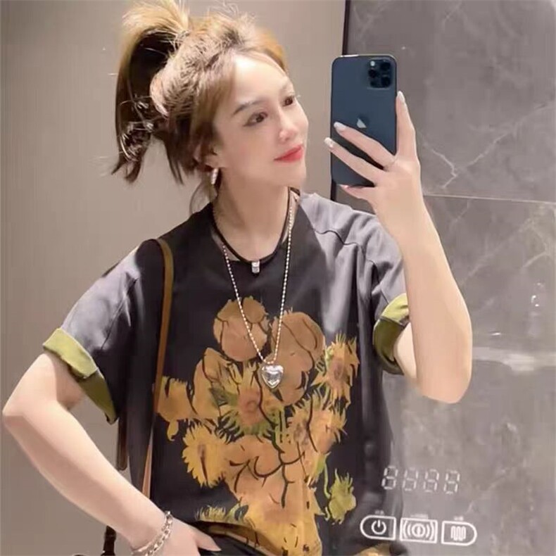 梵高向日葵双织透色T恤百搭简约,女装T恤,湘姗