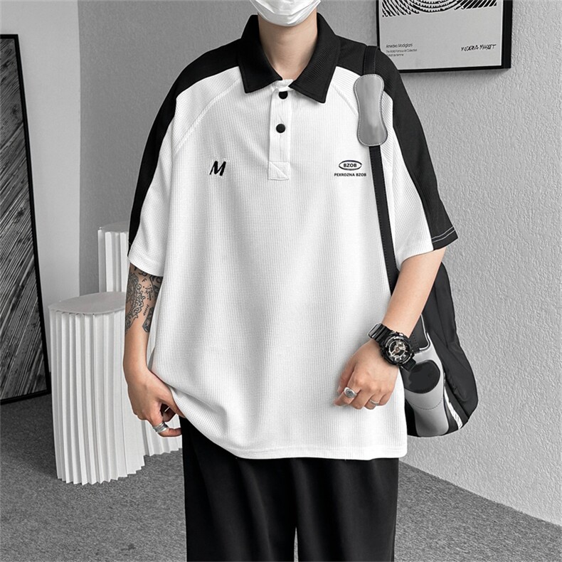 华夫格Polo衫男美式复古撞色短袖t恤宽松休闲五分袖上衣PL081-P33，男装Polo衫，星座308B-1