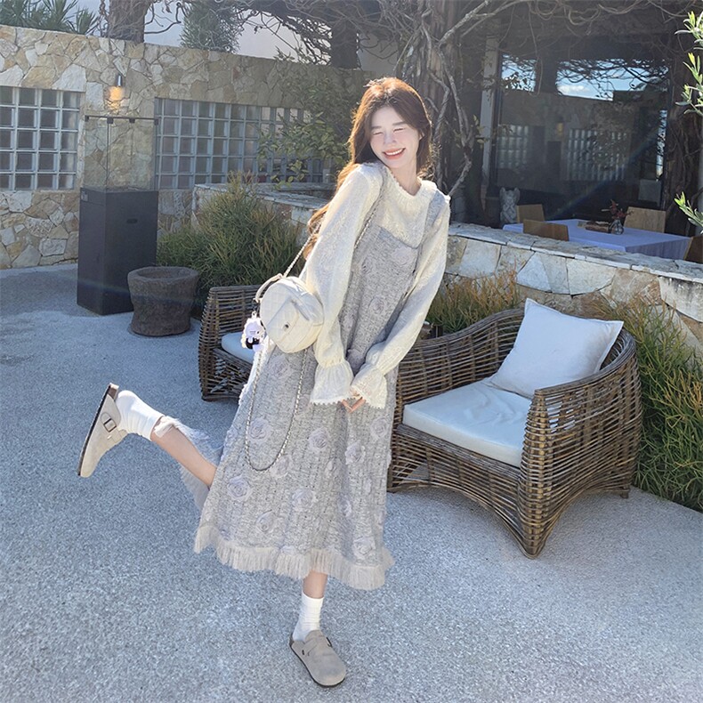 森系度假风背带连衣裙套装女2025春季新款超好看甜美小香风两件套,女装连衣裙,2C198