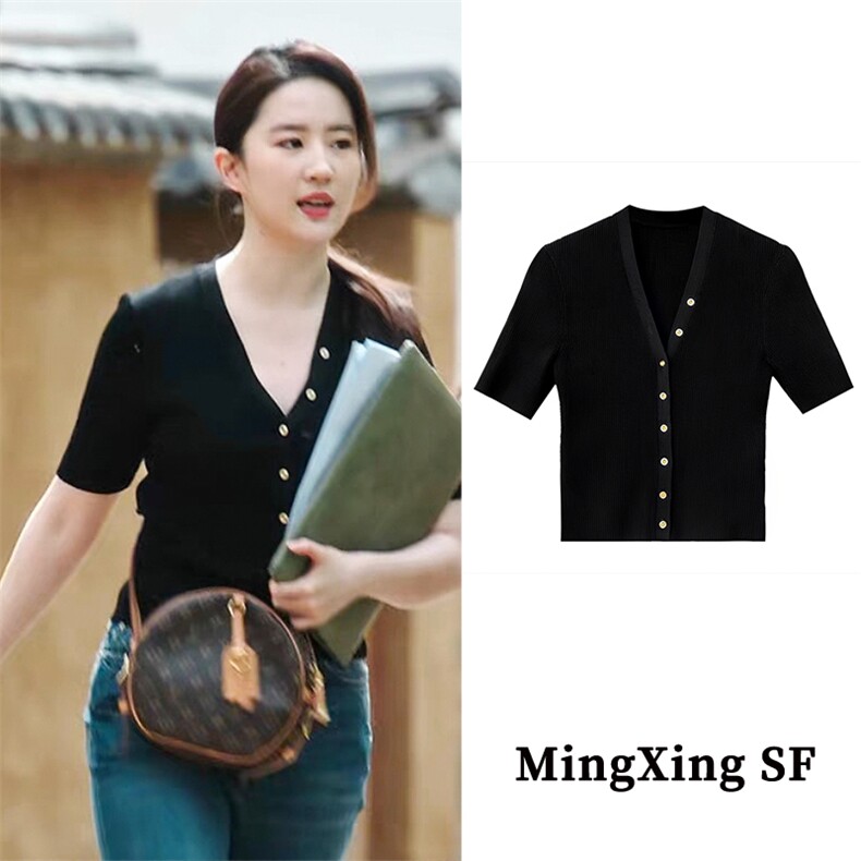 时尚潮流1808去有风的地方刘Y菲同款V领短款开衫短袖，女装T恤，悦玛羊绒