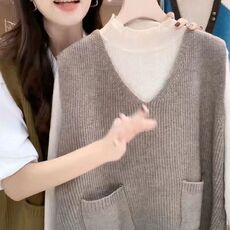 大码V领针织马甲女2024秋季新款复古风口袋无袖坎肩背心套头上衣，女装马甲，洁纯羊绒