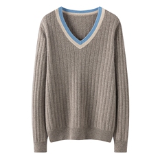 2025年秋季新款百搭V领撞色抽条套衫，女装羊绒衫，珍丝贝尔