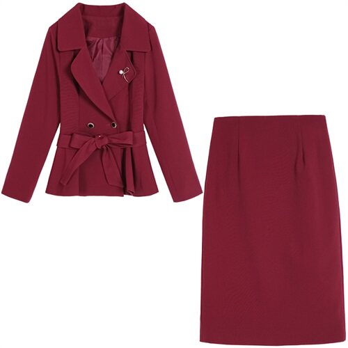 红色连衣裙女两件套2025年新款名媛气质高端西装领两件套装一步裙，女装套装/套裙，三木叶子