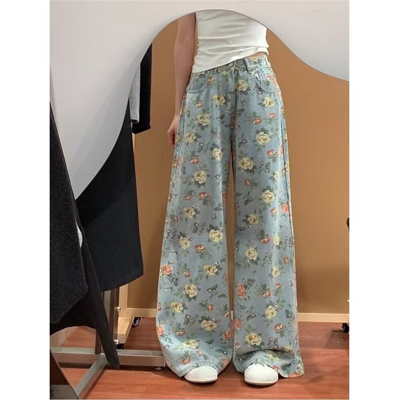美式复古花卉满印碎花牛仔裤女夏季高腰梧桐裤直筒阔腿裤 NA1996图片