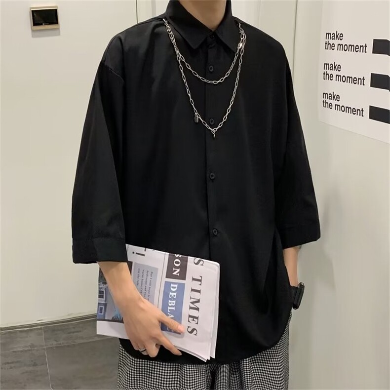 夏季薄款日系休百搭七分袖上衣港风ins潮牌长袖衬衫男 W7117-P32图片
