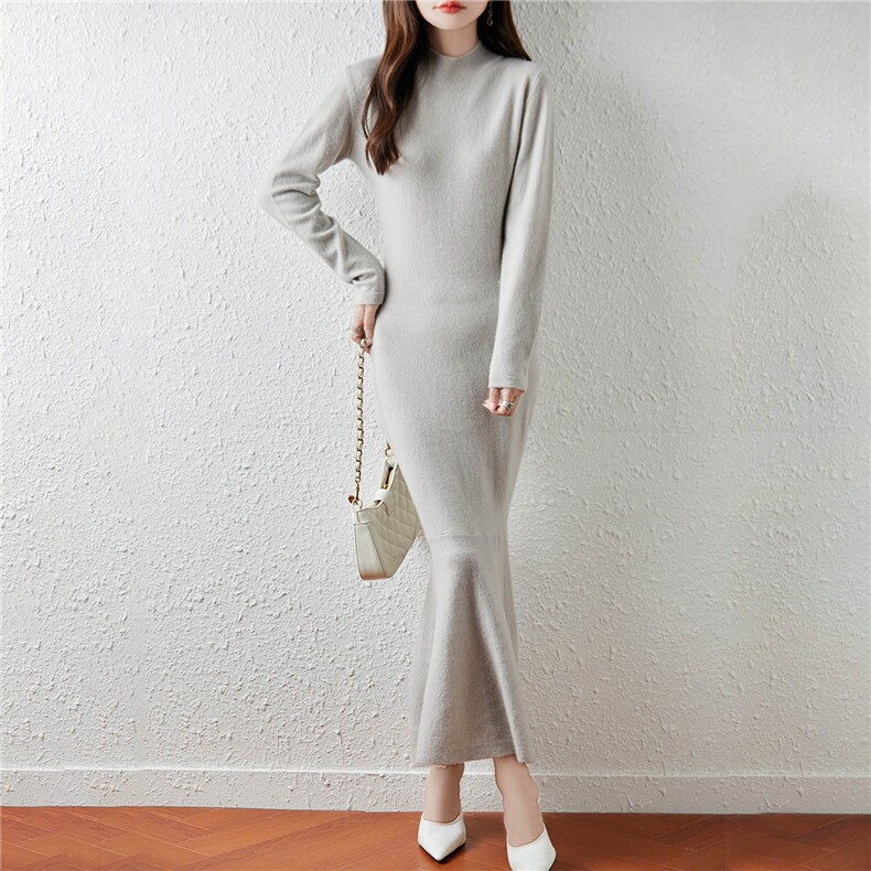 2025年秋季休闲风中长款长袖半高领鱼尾裙，女装连衣裙，绒汀羊绒