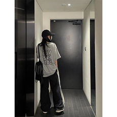 复古休闲裤女春季新款侧边速干阔腿运动裤宽松伞兵裤子MKF503P39，女装休闲裤，星座1013-5