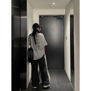 复古休闲裤女春季新款侧边速干阔腿运动裤宽松伞兵裤子MKF503 P39图片
