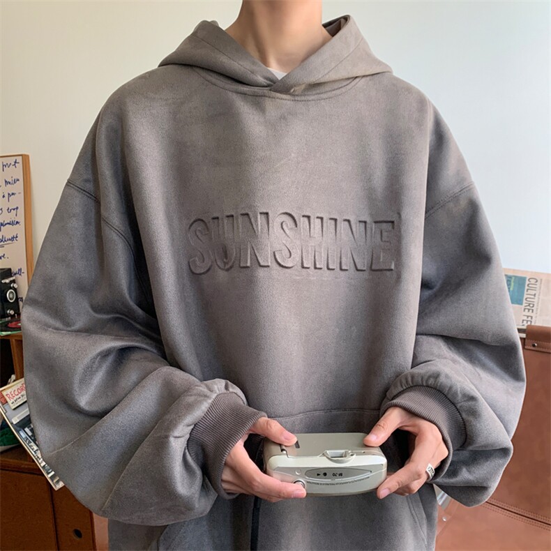 白敬亭官方薛之谦秋冬新款男士字母钢印麂皮绒连帽卫衣潮,男装卫衣,电商B220