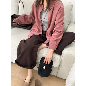 TC658-p45 粉色灯芯绒长袖衬衫外套女高级感欧货复古衬衣上衣图片