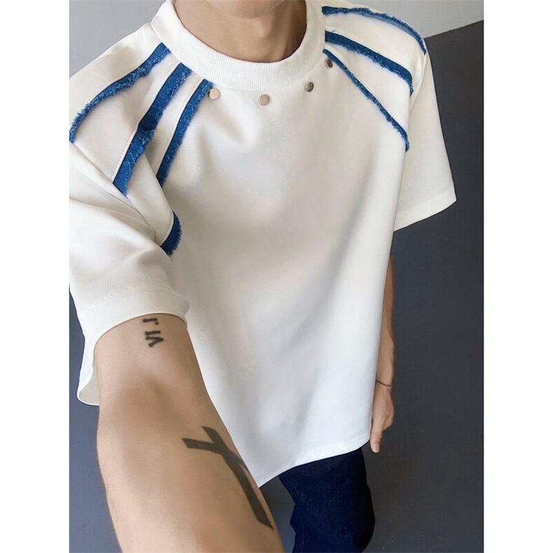 现货！25设计感牛仔流苏垫肩铆钉T恤DX242-P48，男装T恤，电商B288