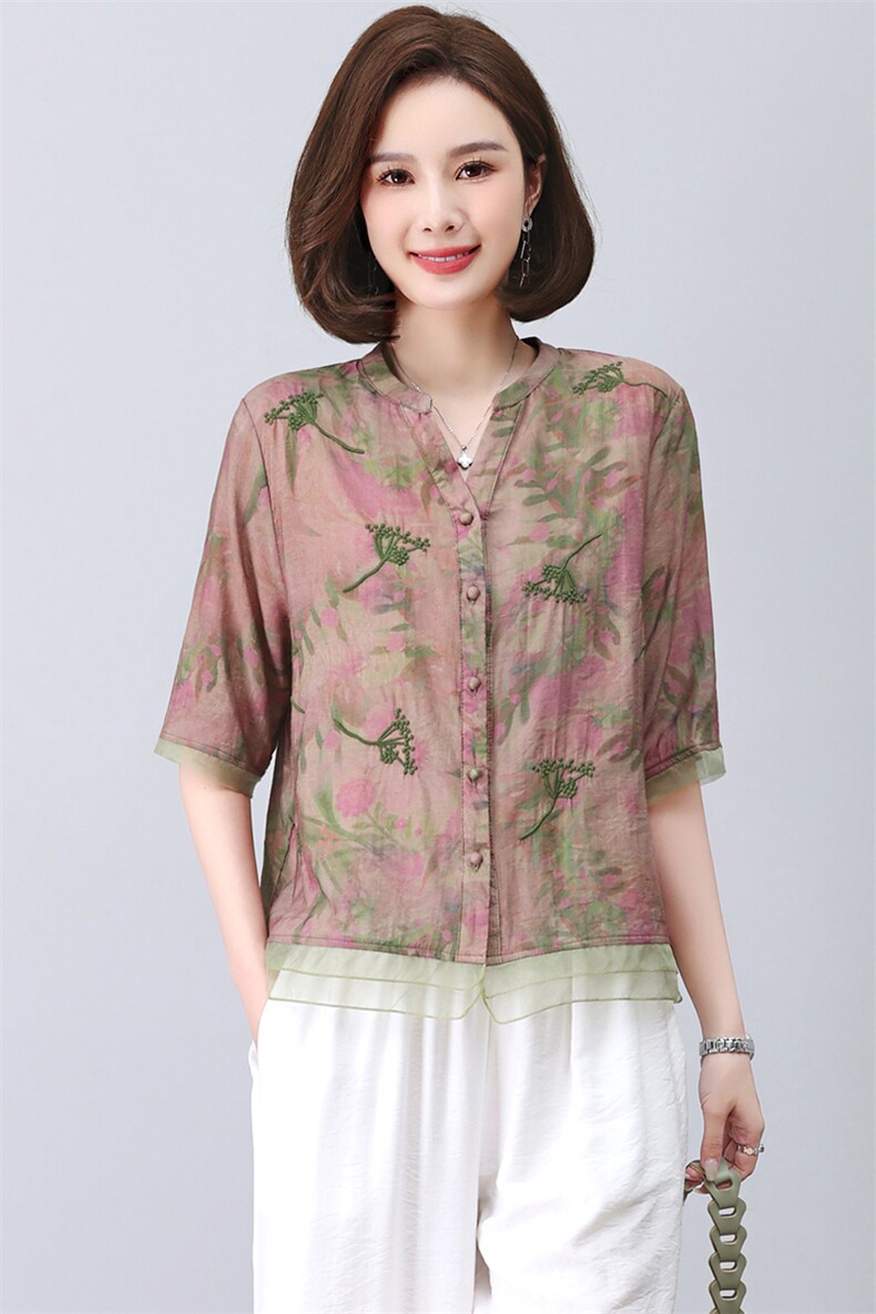 (新款)2024年夏装天丝T恤衬衫女复古刺绣中老年装三年不下架,女装T恤,璐依舞