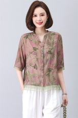 (新款)2024年夏装天丝T恤衬衫女复古刺绣中老年装三年不下架，女装T恤，璐依舞