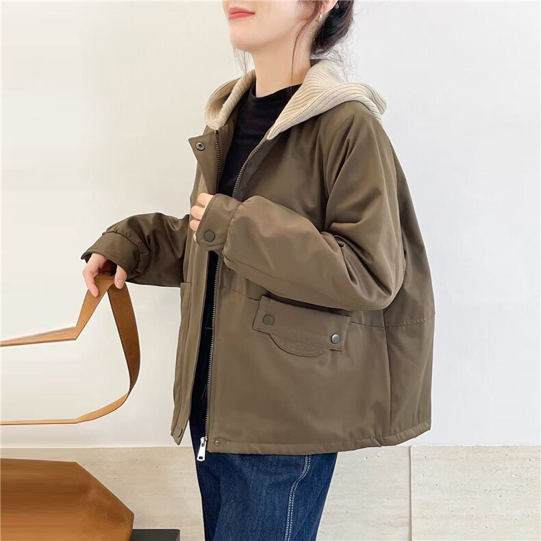 冬季加绒派克服棉衣女2025新款小个子针织连帽休闲工装棉衣外套,女装棉衣/棉服,江忆布依