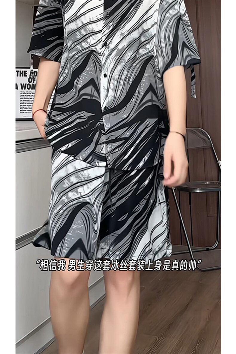 冰丝水墨短裤男短袖衬衫男套装男M-5XL大码TZ78713P50控98模特图,男装牛仔裤,星座226-1