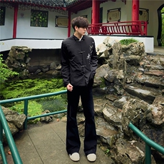 黑色微喇西裤男款秋季宽松垂感弯刀裤子高级感直筒西装裤XX374，男装西服套装，星座208-5