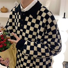 新款翻领棋盘格毛衣慵懒风宽松套头polo领针织衫现货M326-P44，男装针织衫/毛衣，星座512-4