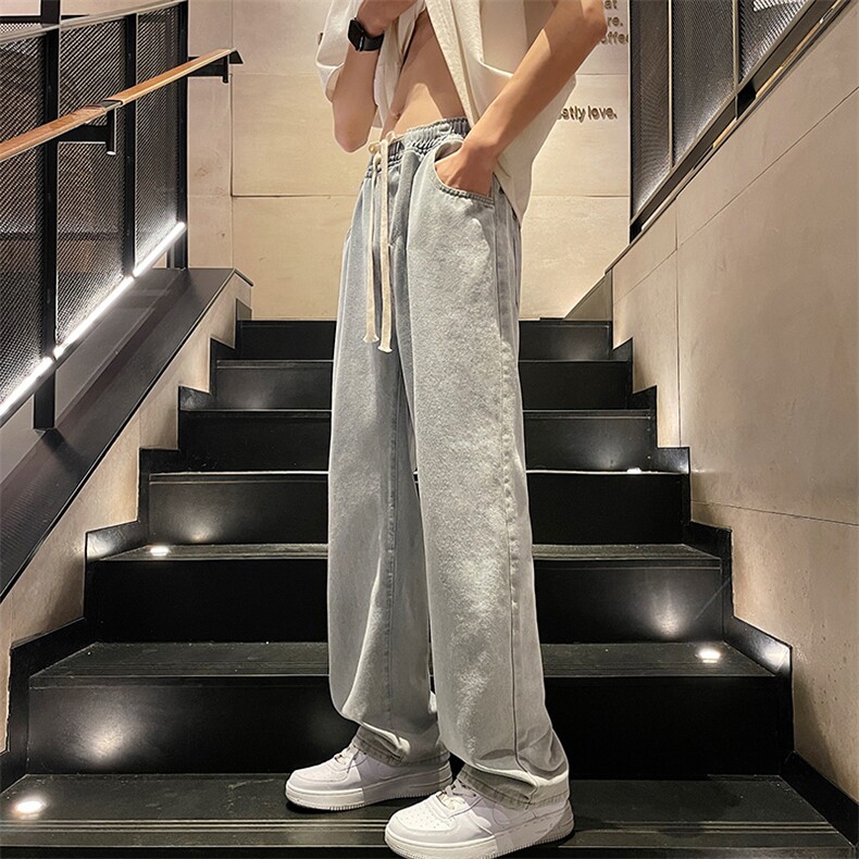 港风春季新款直筒牛仔裤男潮牌美式复古松紧系带长裤K8001-P28,男装牛仔裤,星座214-3