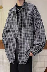 2025春季新款港风格子衬衫男长袖宽松衬衣青年男现货W8107-P33，男装衬衫，星座512-4