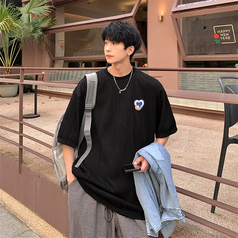 2023夏新款港风个性条纹冰丝宽松圆领短袖T恤T2209-P48，男装T恤，星座914-3