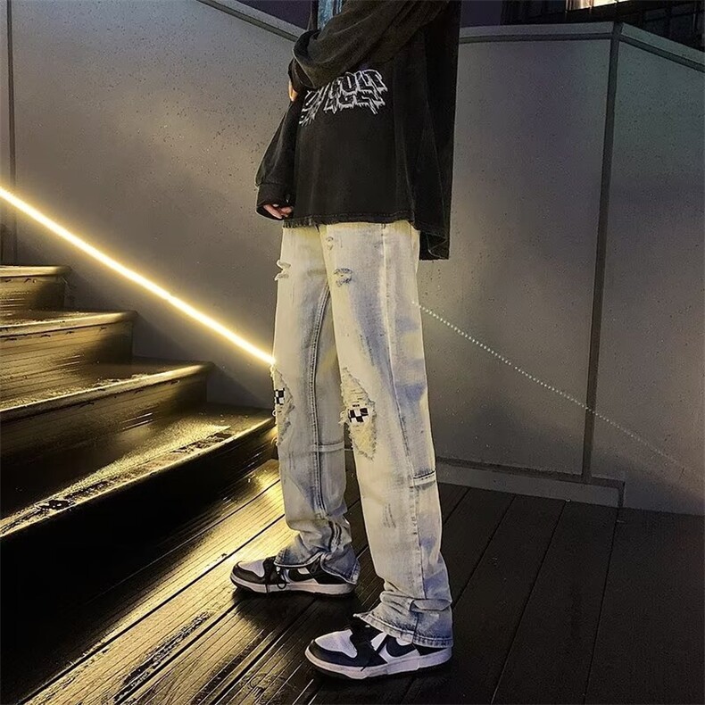 牛仔裤破洞潮ins高街男棋盘格拉链直筒裤设计感小众NK523,男装牛仔裤,星座1116A-1（原606A）
