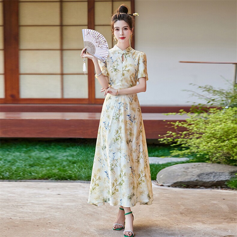 2024年夏季新款新中式改良旗袍盘扣印花连衣裙修身裙子,女装连衣裙,奕薇雅