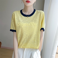 夏季新款竹节麻拼色圆领立体字母短袖女修身显瘦百搭时尚休闲上衣，女装T恤，暖娇绒包芯纱店