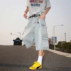 美式夏季做旧水洗牛仔短酷男痞帅宽松多口袋五分裤潮DK01142-P50，男装牛仔裤，星座308B-1