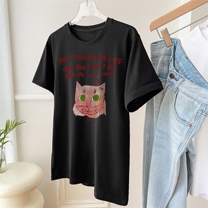 T0616-P25 卡通猫咪印花纯棉短袖  学生宽松T恤图片