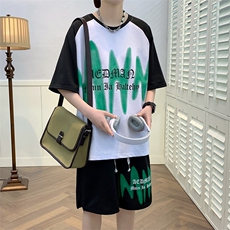 新款夏季短袖t恤套装冰丝透气港风宽松运动青少年男装潮TZ323P48，男装休闲套装，电商A086