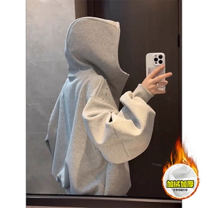 480G重磅加绒硬挺boxy 男女秋冬美式高街卫衣铆钉拼接开衫厚外套图片