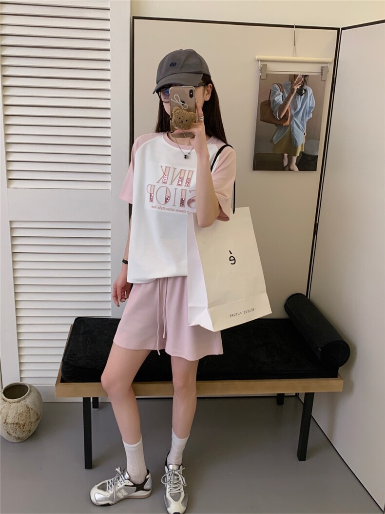 2025舒适百搭简约撞色插肩短袖+短裤套装,女装套装/套裙,湘姗