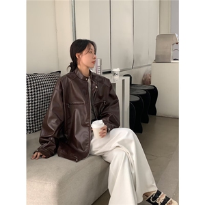 美式复古纯色拉链立领PU皮衣女春新款季宽松皮夹克潮牌机车外套图片